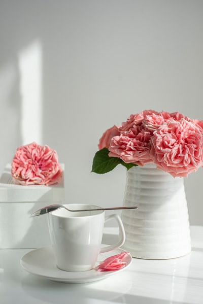 White ceramic jar pink rose
